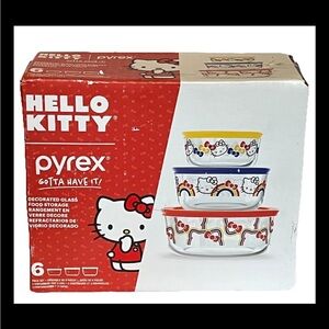 Pyrex HELLO KITTY 6-Piece Glass Storage Set NIB Rainbow Yellow Blue Red Hello1